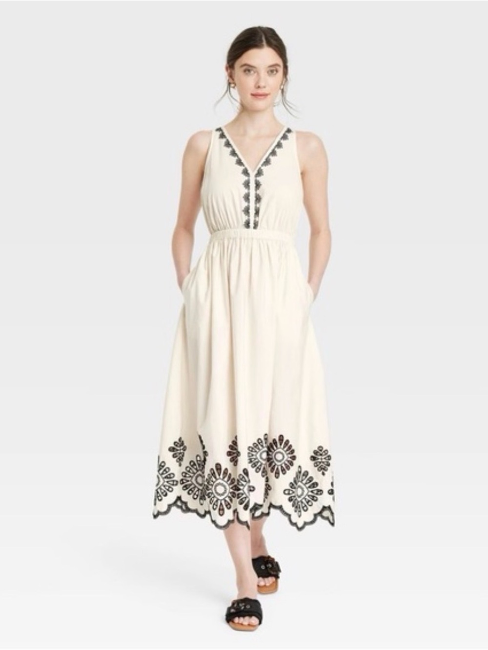 Universal Thread Cream Maxi Dress with Black Embroidery and Pockets